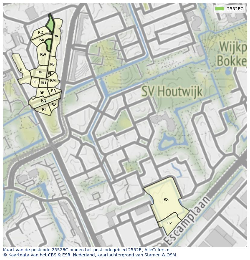 Afbeelding van het postcodegebied 2552 RC op de kaart.