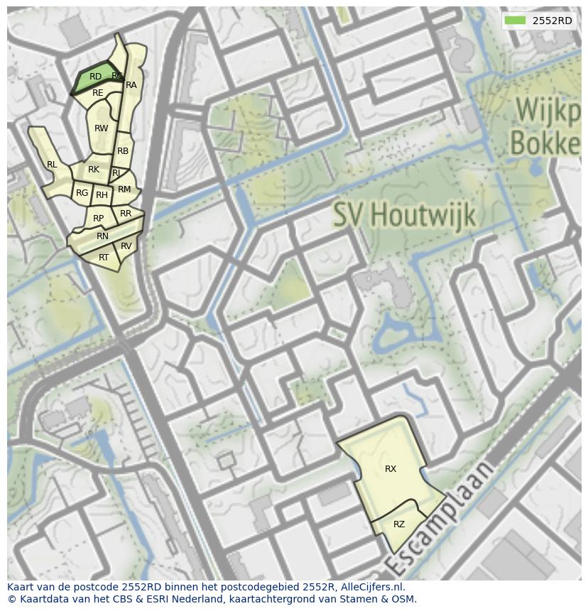 Afbeelding van het postcodegebied 2552 RD op de kaart.
