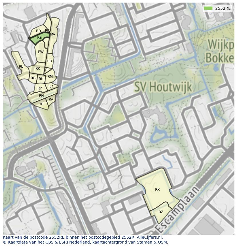 Afbeelding van het postcodegebied 2552 RE op de kaart.