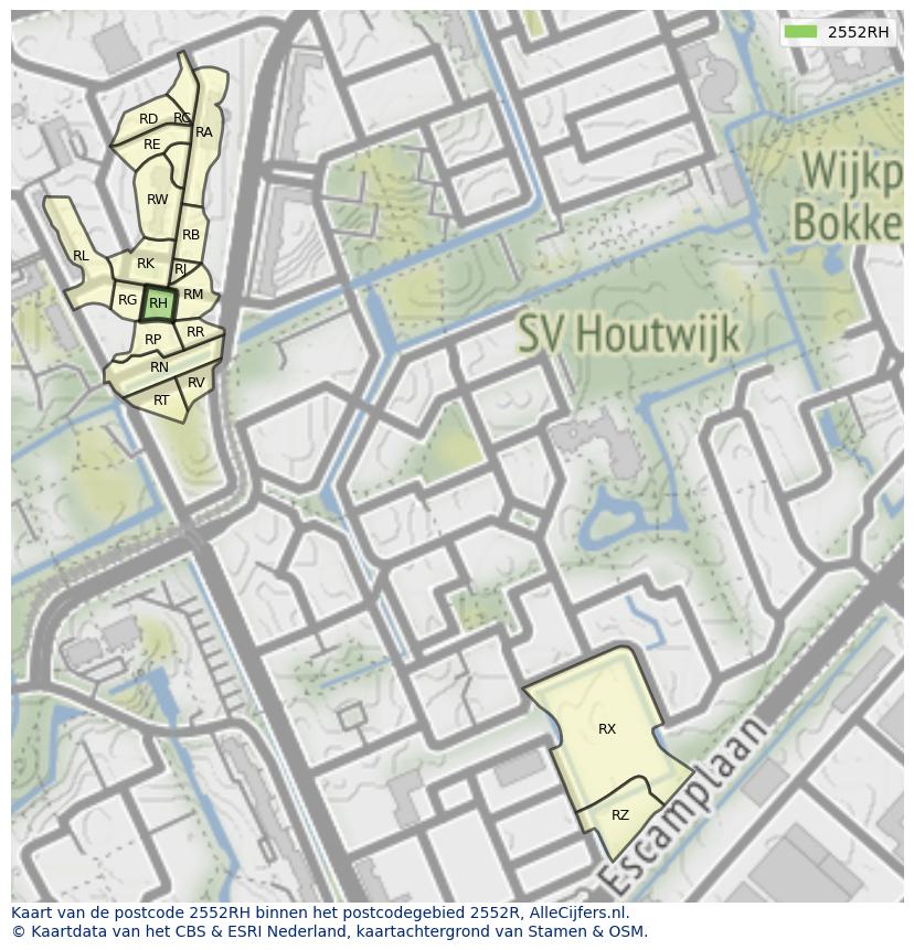 Afbeelding van het postcodegebied 2552 RH op de kaart.