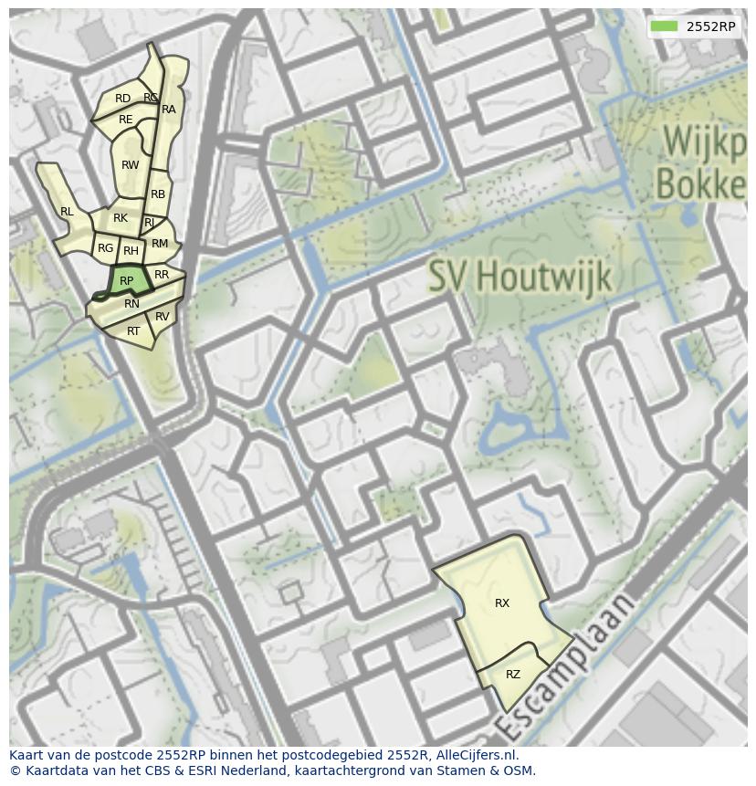 Afbeelding van het postcodegebied 2552 RP op de kaart.