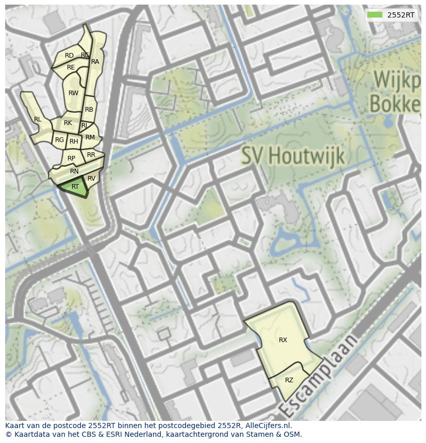Afbeelding van het postcodegebied 2552 RT op de kaart.