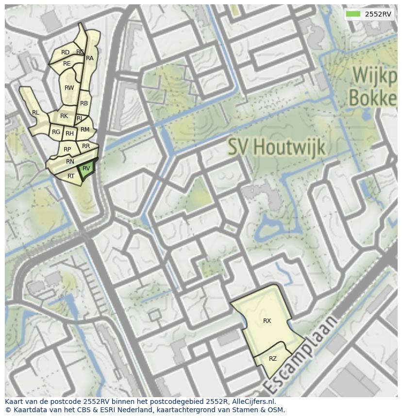 Afbeelding van het postcodegebied 2552 RV op de kaart.