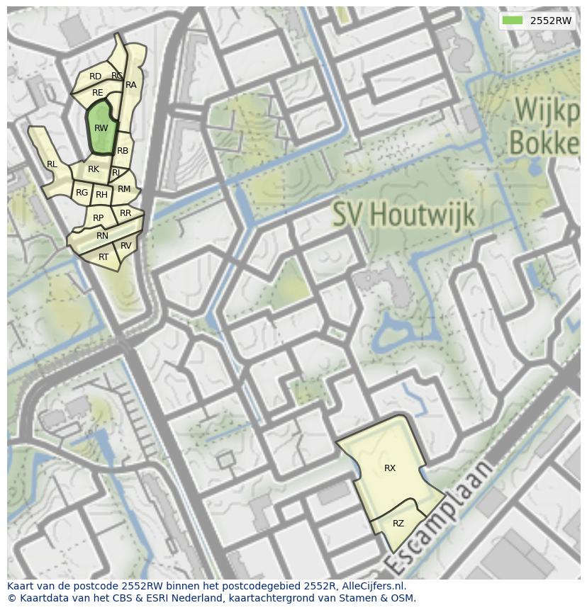 Afbeelding van het postcodegebied 2552 RW op de kaart.