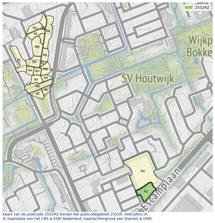 Afbeelding van het postcodegebied 2552 RZ op de kaart.