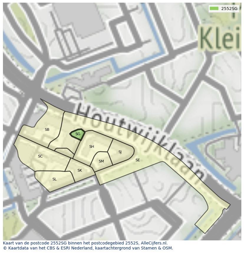 Afbeelding van het postcodegebied 2552 SG op de kaart.