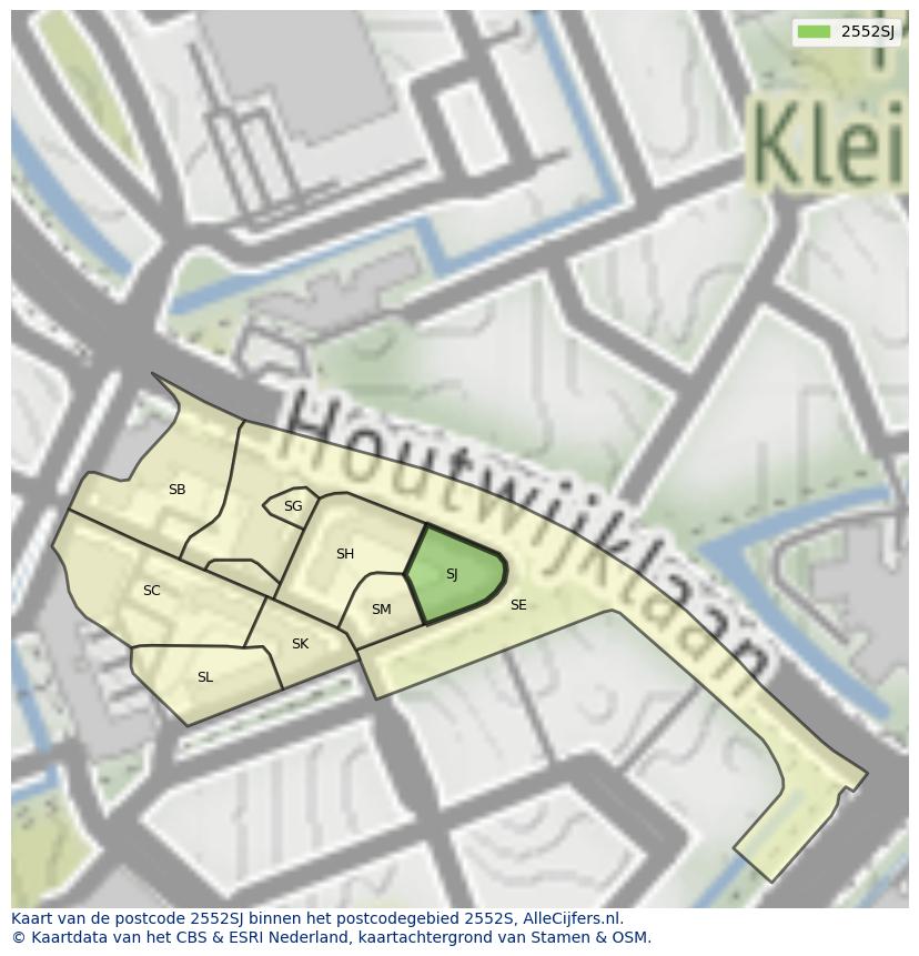 Afbeelding van het postcodegebied 2552 SJ op de kaart.