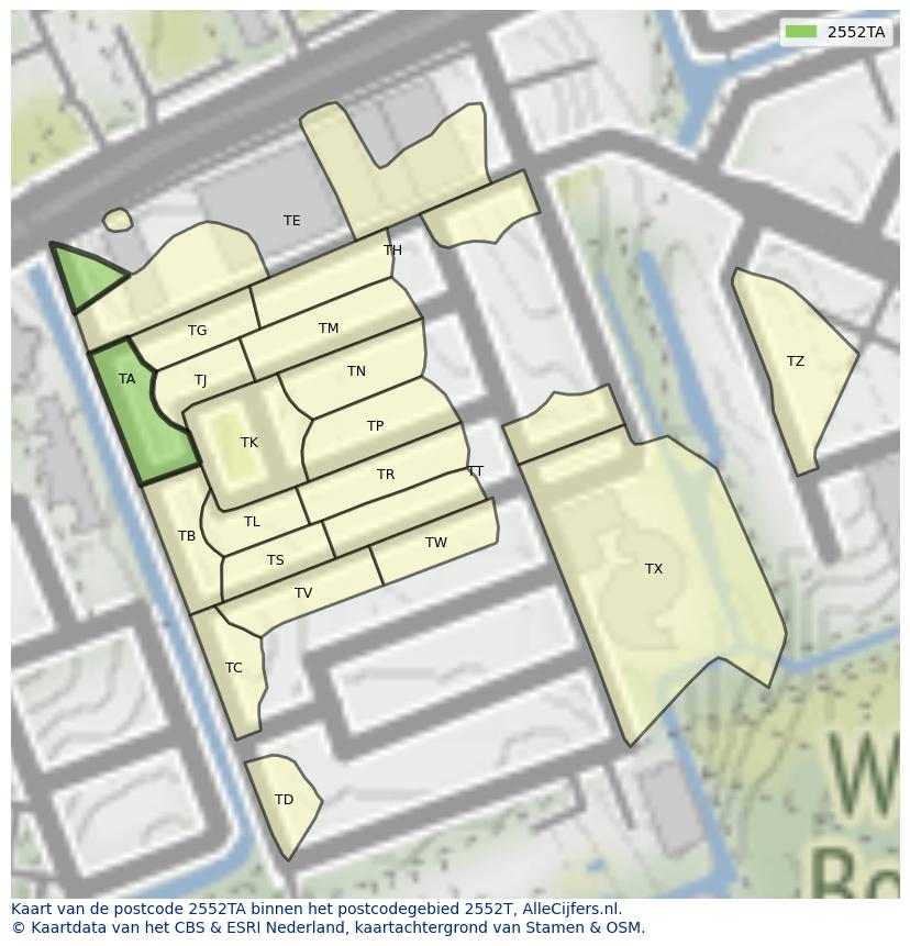 Afbeelding van het postcodegebied 2552 TA op de kaart.