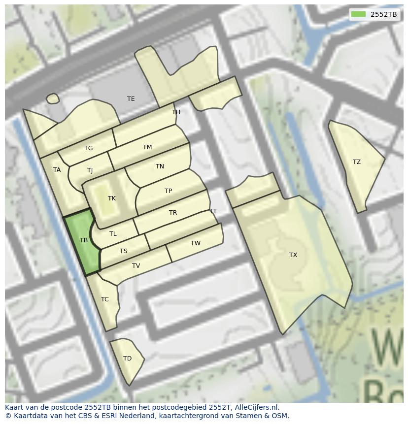 Afbeelding van het postcodegebied 2552 TB op de kaart.