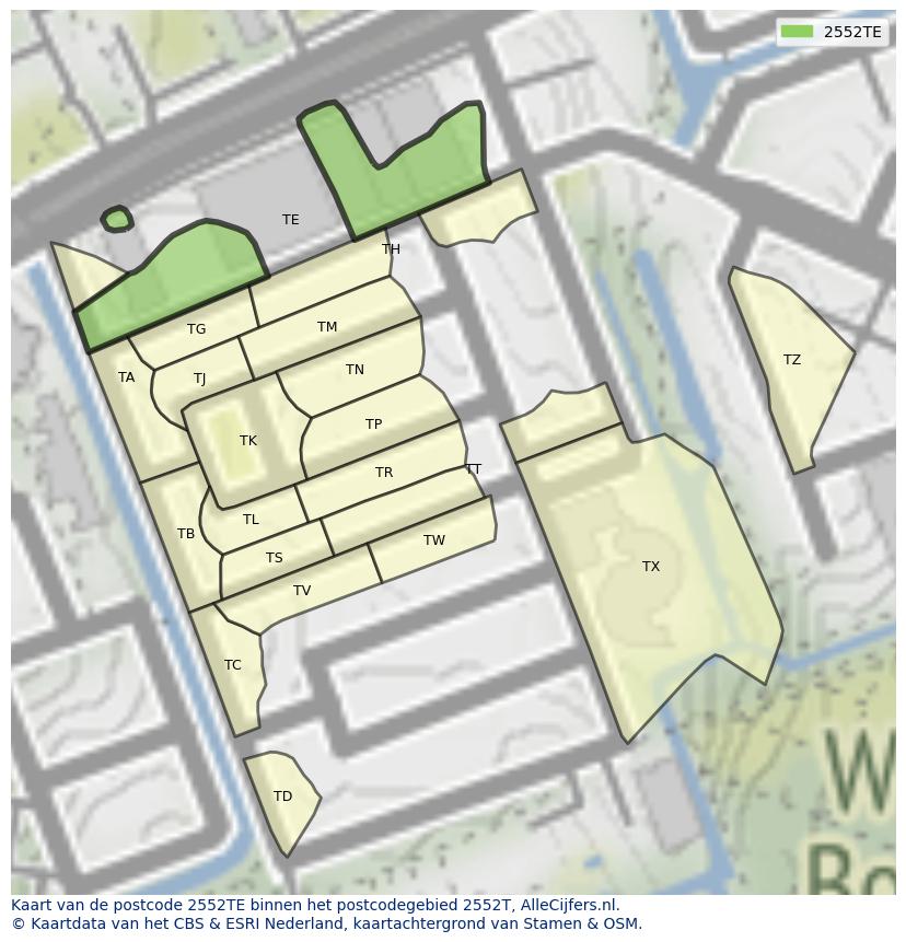 Afbeelding van het postcodegebied 2552 TE op de kaart.