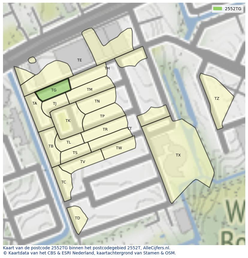 Afbeelding van het postcodegebied 2552 TG op de kaart.