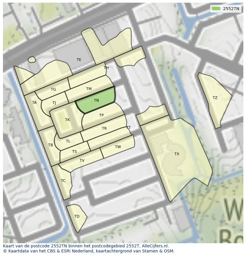 Afbeelding van het postcodegebied 2552 TN op de kaart.