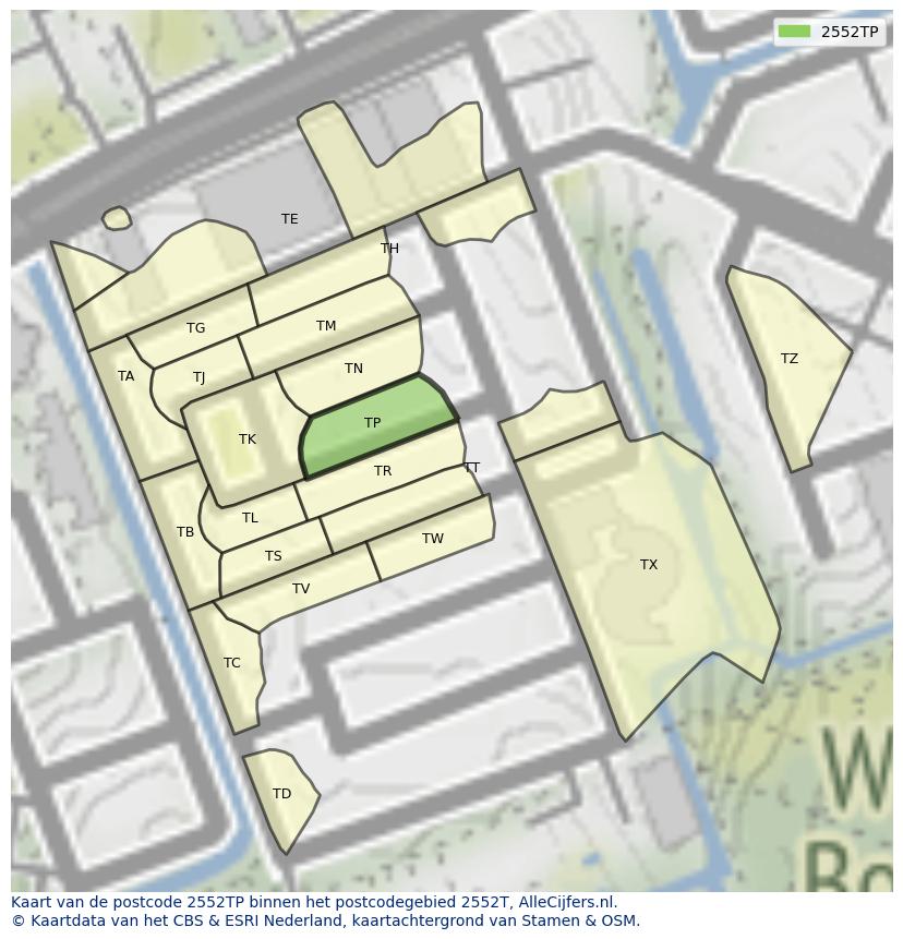 Afbeelding van het postcodegebied 2552 TP op de kaart.