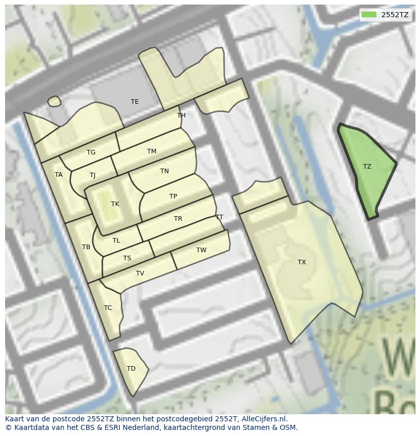 Afbeelding van het postcodegebied 2552 TZ op de kaart.