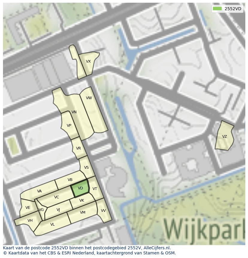 Afbeelding van het postcodegebied 2552 VD op de kaart.