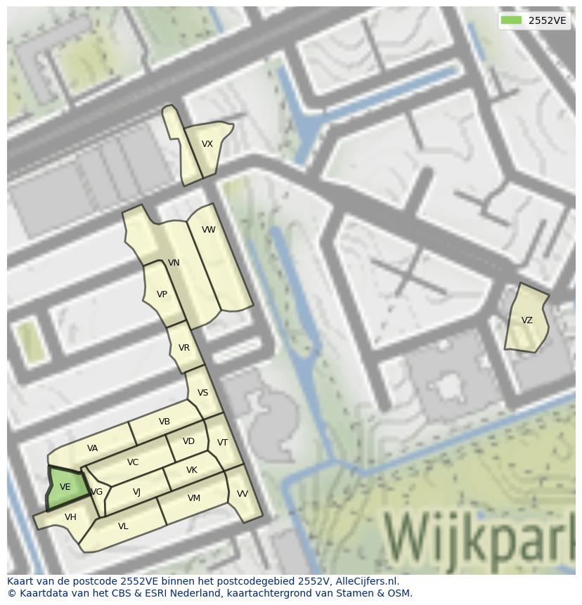 Afbeelding van het postcodegebied 2552 VE op de kaart.
