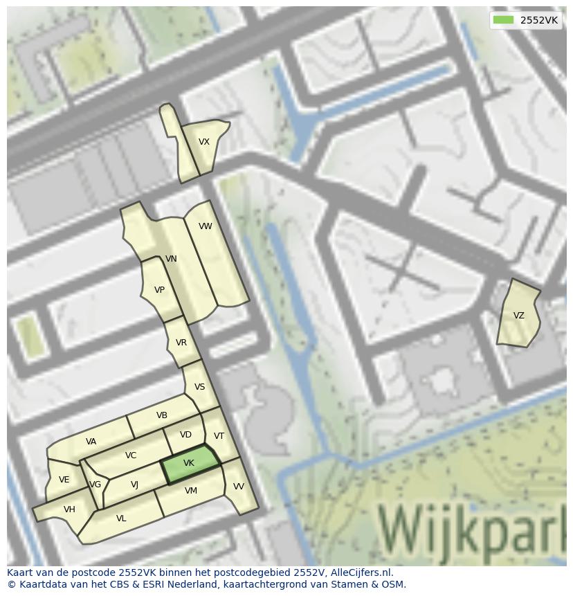 Afbeelding van het postcodegebied 2552 VK op de kaart.