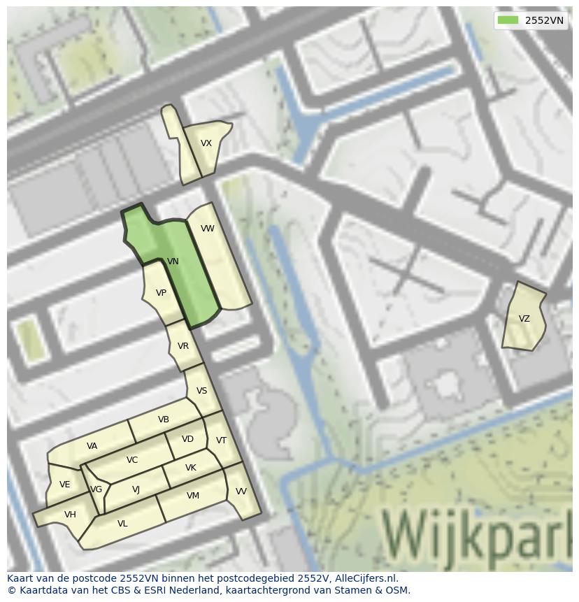 Afbeelding van het postcodegebied 2552 VN op de kaart.