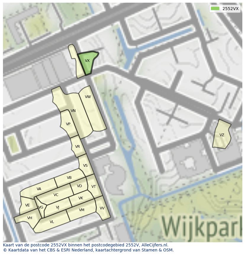 Afbeelding van het postcodegebied 2552 VX op de kaart.