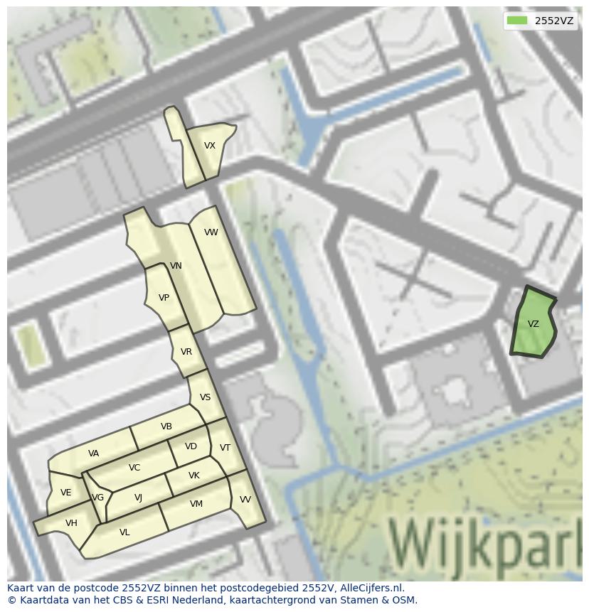 Afbeelding van het postcodegebied 2552 VZ op de kaart.