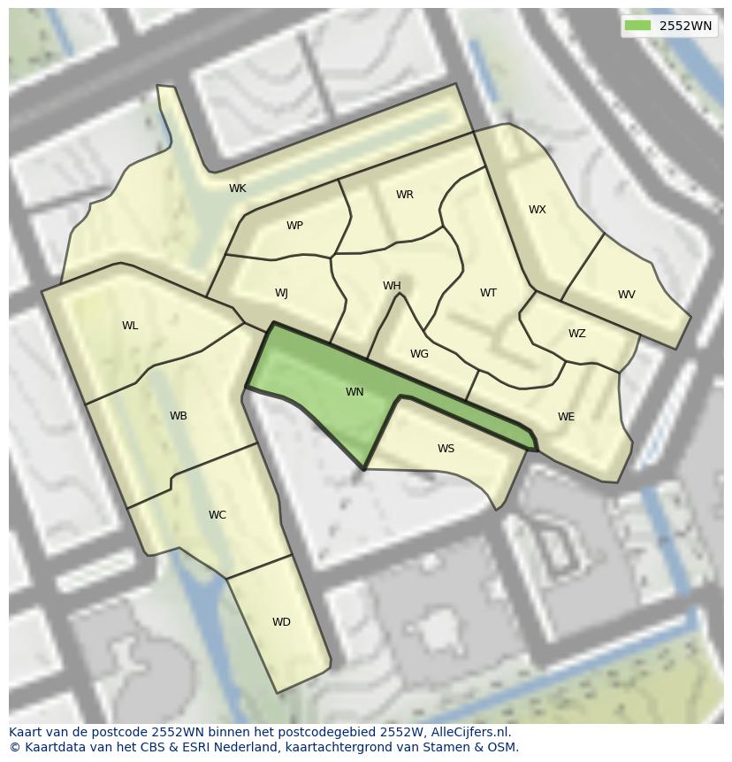 Afbeelding van het postcodegebied 2552 WN op de kaart.