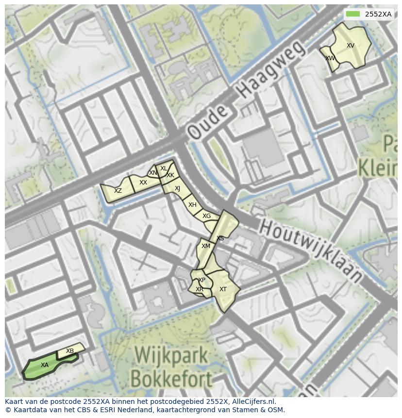 Afbeelding van het postcodegebied 2552 XA op de kaart.