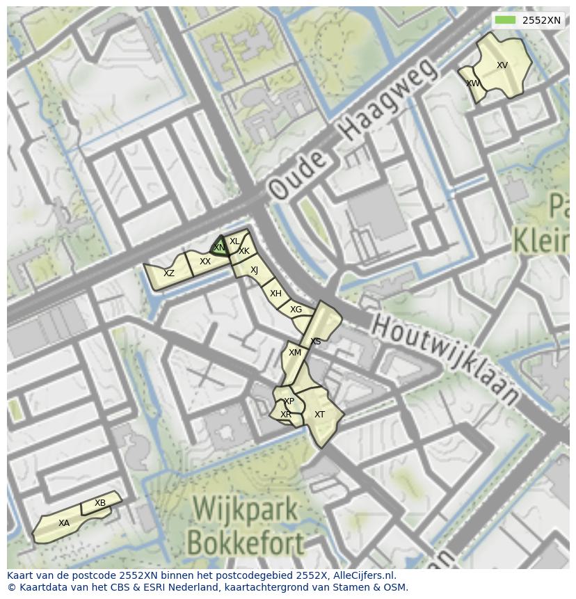 Afbeelding van het postcodegebied 2552 XN op de kaart.
