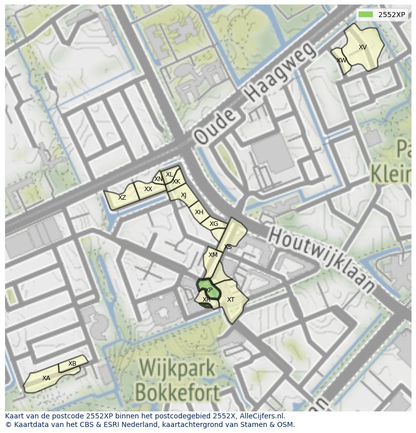 Afbeelding van het postcodegebied 2552 XP op de kaart.