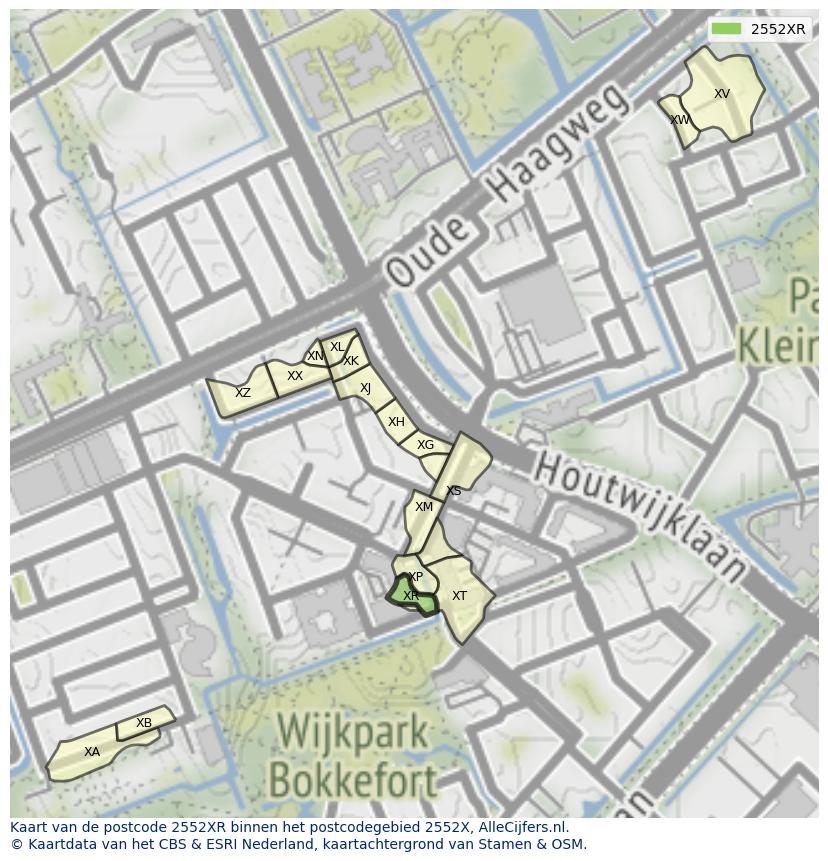 Afbeelding van het postcodegebied 2552 XR op de kaart.
