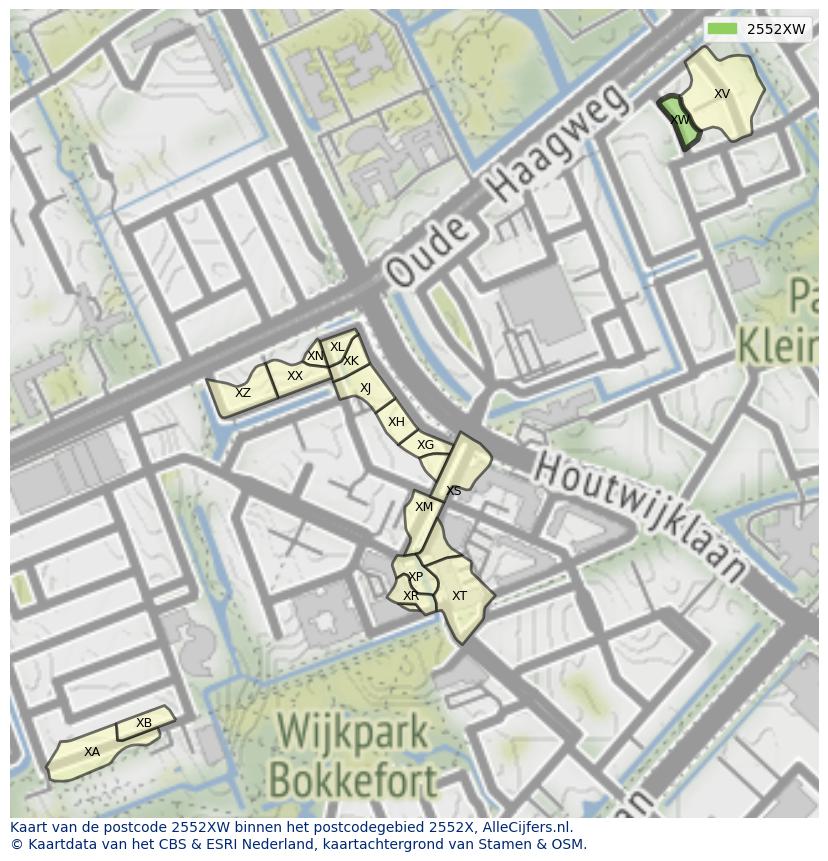 Afbeelding van het postcodegebied 2552 XW op de kaart.