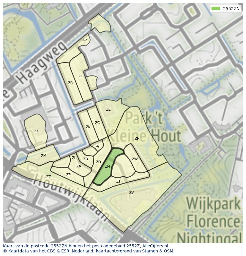 Afbeelding van het postcodegebied 2552 ZN op de kaart.