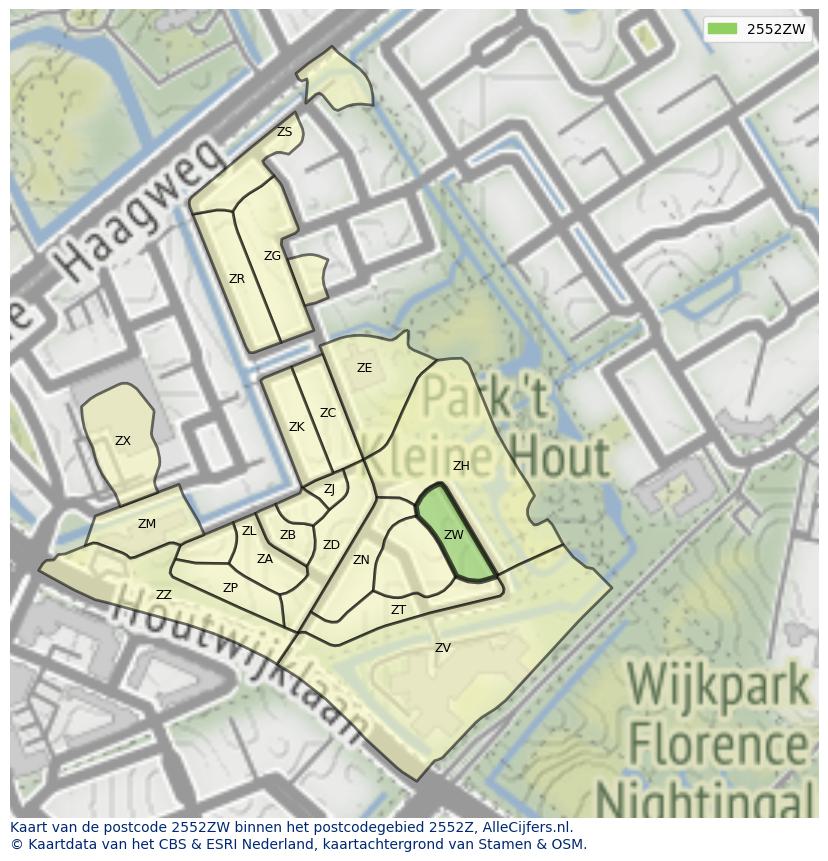 Afbeelding van het postcodegebied 2552 ZW op de kaart.