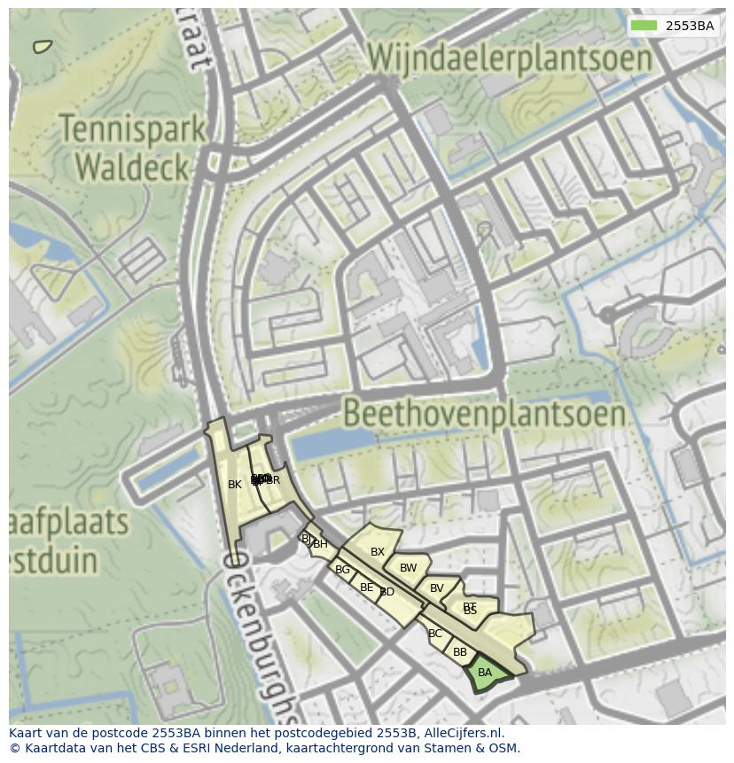 Afbeelding van het postcodegebied 2553 BA op de kaart.