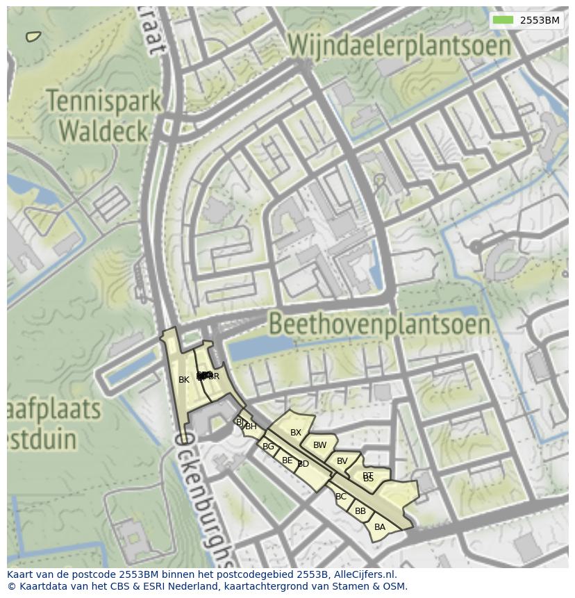 Afbeelding van het postcodegebied 2553 BM op de kaart.