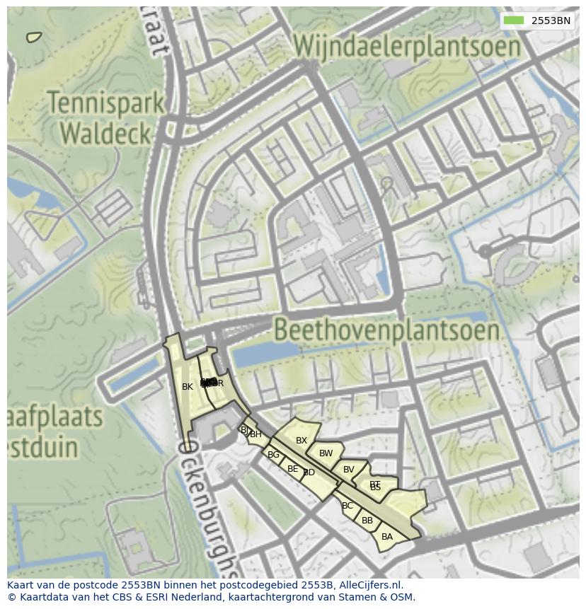 Afbeelding van het postcodegebied 2553 BN op de kaart.