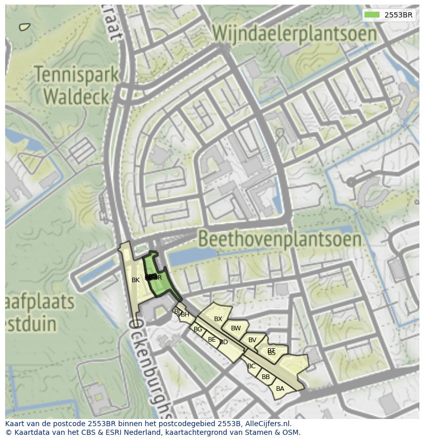 Afbeelding van het postcodegebied 2553 BR op de kaart.
