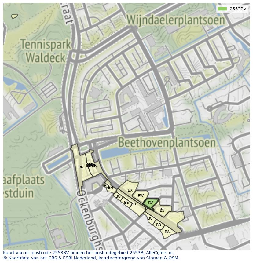 Afbeelding van het postcodegebied 2553 BV op de kaart.