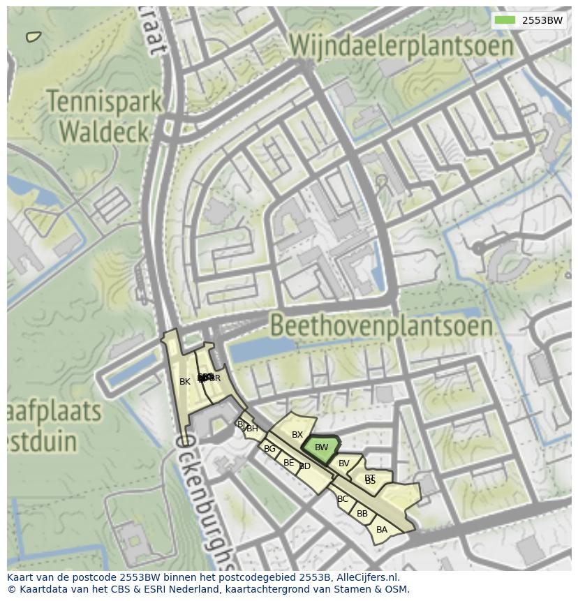 Afbeelding van het postcodegebied 2553 BW op de kaart.