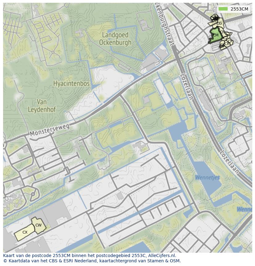 Afbeelding van het postcodegebied 2553 CM op de kaart.