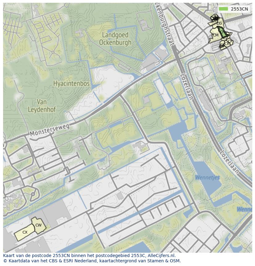 Afbeelding van het postcodegebied 2553 CN op de kaart.