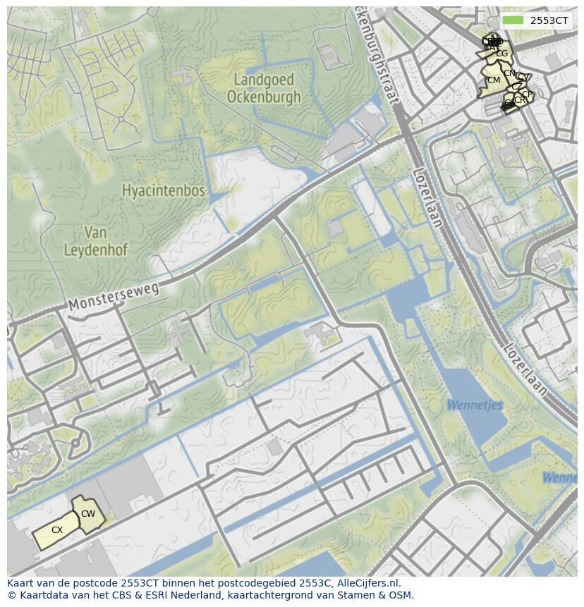 Afbeelding van het postcodegebied 2553 CT op de kaart.
