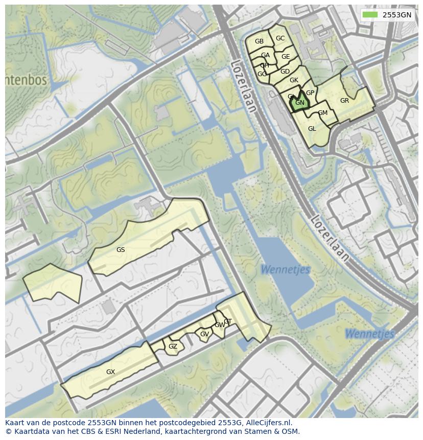 Afbeelding van het postcodegebied 2553 GN op de kaart.