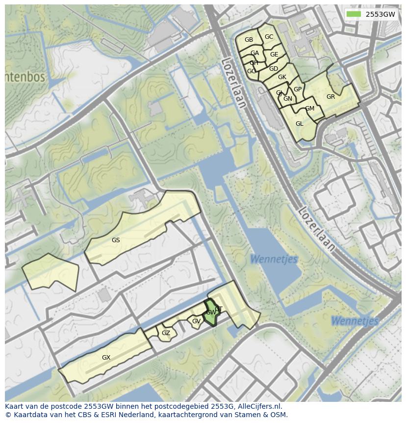 Afbeelding van het postcodegebied 2553 GW op de kaart.