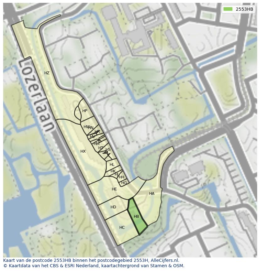 Afbeelding van het postcodegebied 2553 HB op de kaart.