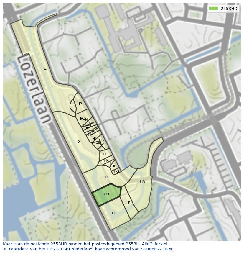 Afbeelding van het postcodegebied 2553 HD op de kaart.
