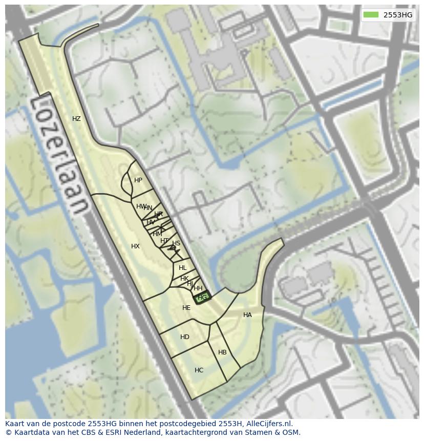 Afbeelding van het postcodegebied 2553 HG op de kaart.