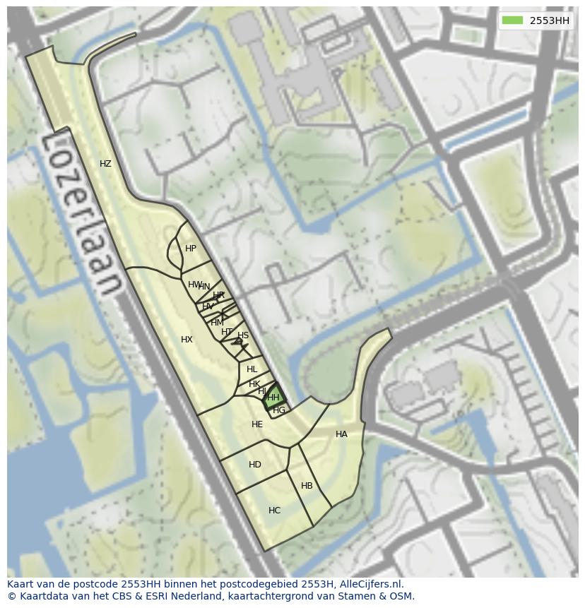 Afbeelding van het postcodegebied 2553 HH op de kaart.