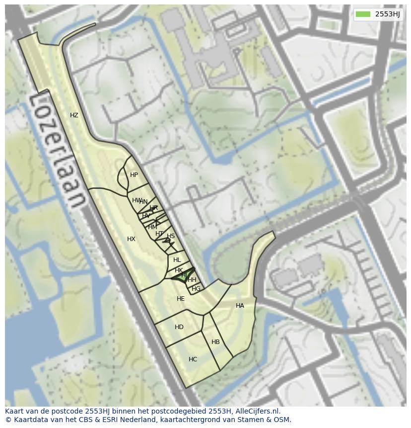 Afbeelding van het postcodegebied 2553 HJ op de kaart.