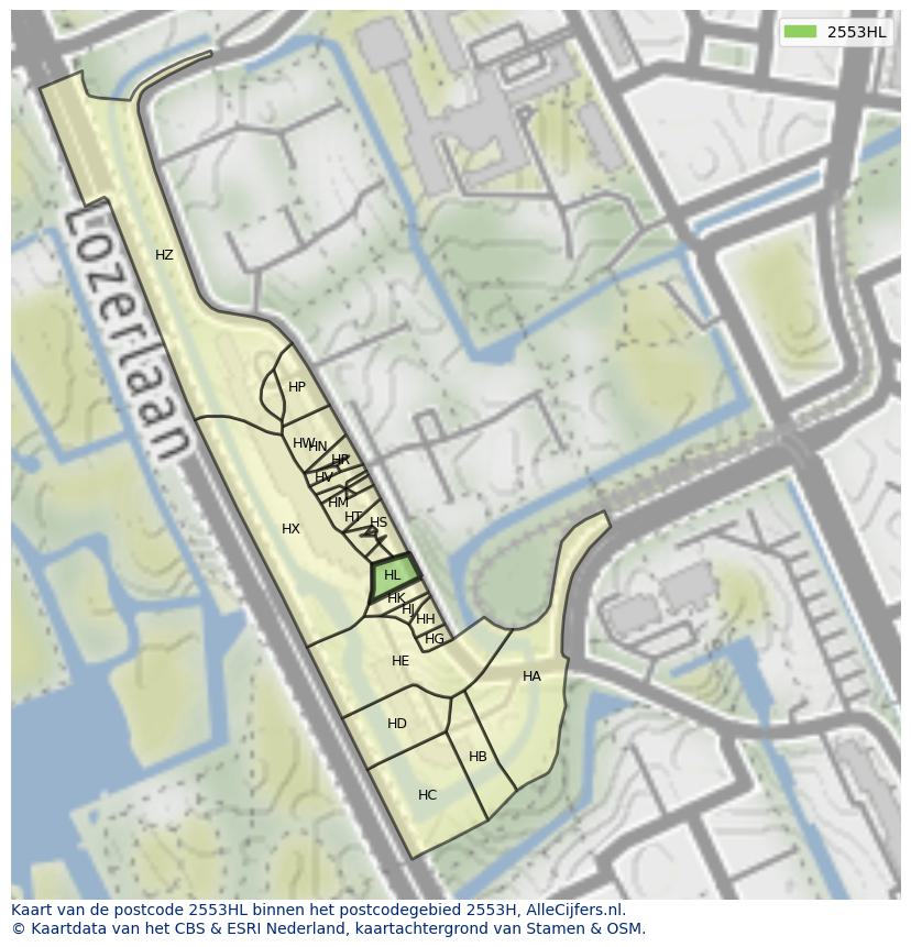 Afbeelding van het postcodegebied 2553 HL op de kaart.