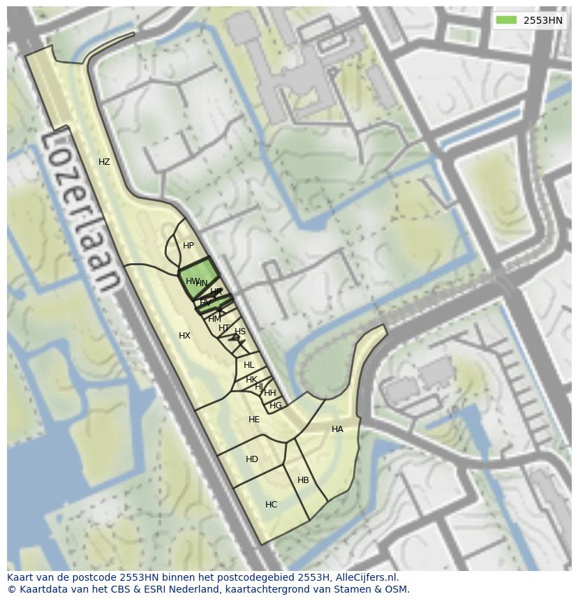 Afbeelding van het postcodegebied 2553 HN op de kaart.